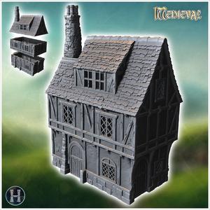 Medieval house with chimney, concave roof and upside-down dormer (45) - Medieval Gothic Feudal Old Archaic Saga 28mm 15mm RPG