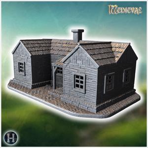 Wooden house with a chimney, intact walls, and a covered entrance on a cobblestone base (34) - Medieval Gothic Feudal Old Archaic Saga 28mm 15mm RPG