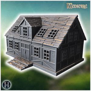 Large wooden house with dormer windows, a stone staircase, and visible roof damage (50) - Medieval Gothic Feudal Old Archaic Saga 28mm 15mm RPG