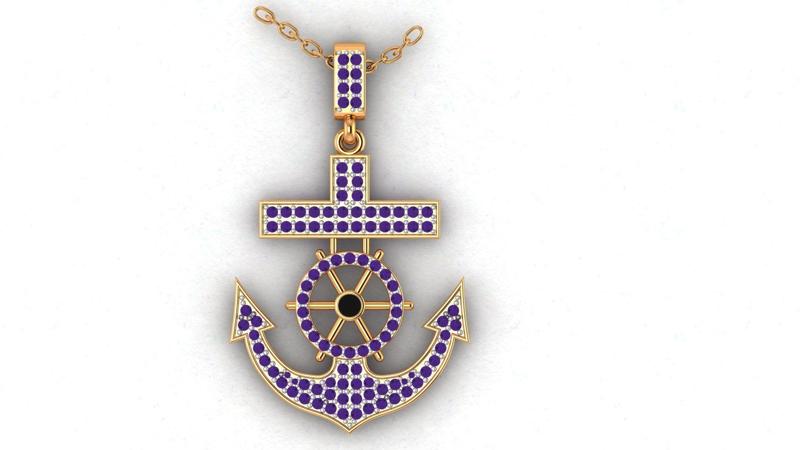 Nautical Anchor Cross Pendant with Pave Accents 4gm