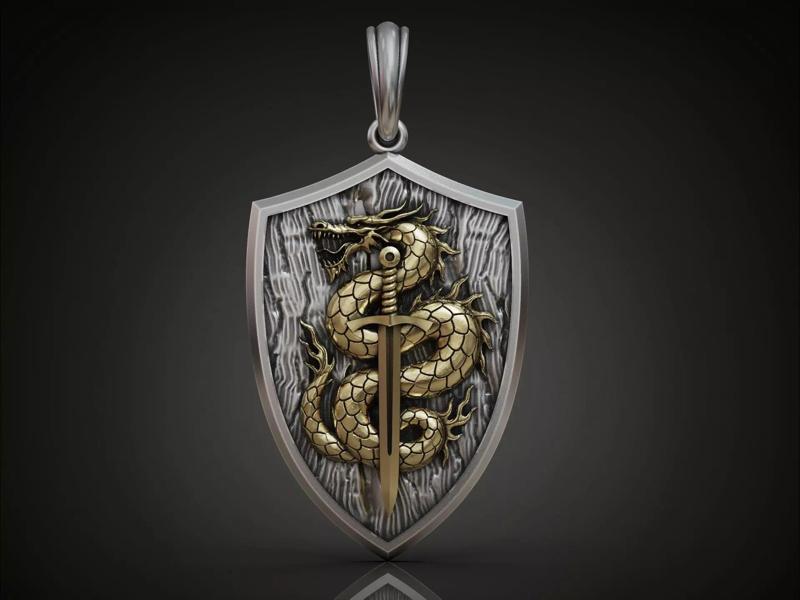 Dragon Pendant with Sword and Shield Scales Medieval Fantasy