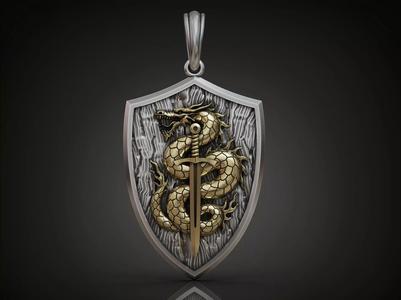 Dragon Pendant with Sword and Shield Scales Medieval Fantasy