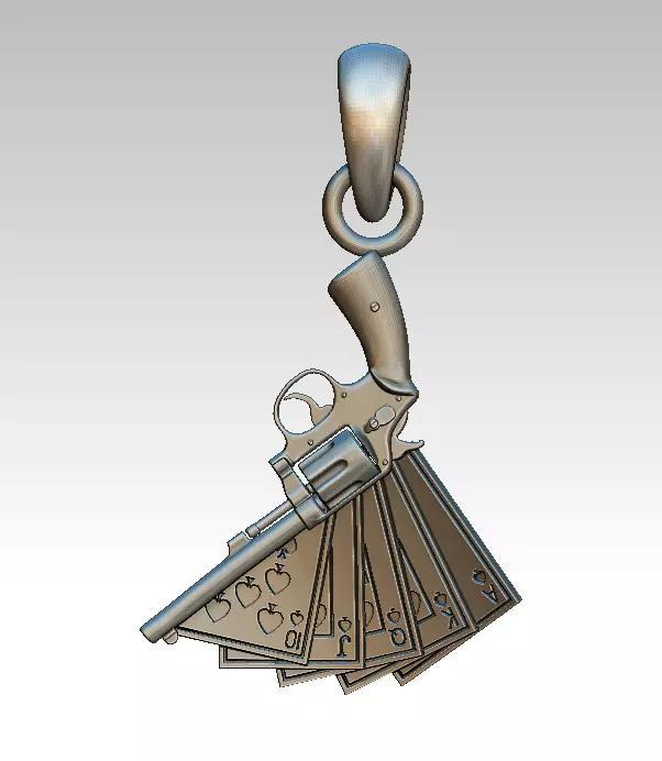 Casino Play cards and Gun Revolver Jewel pendant detailed