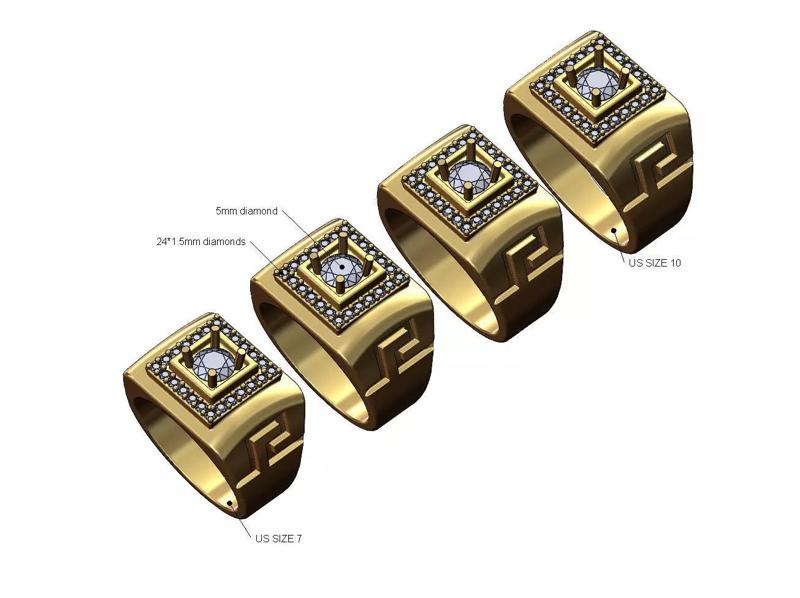 Diamond cluster greek key roman dome square ring US sizes 7to10