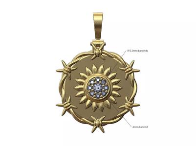 Sun diamond cluster barbwire round pendant with bail