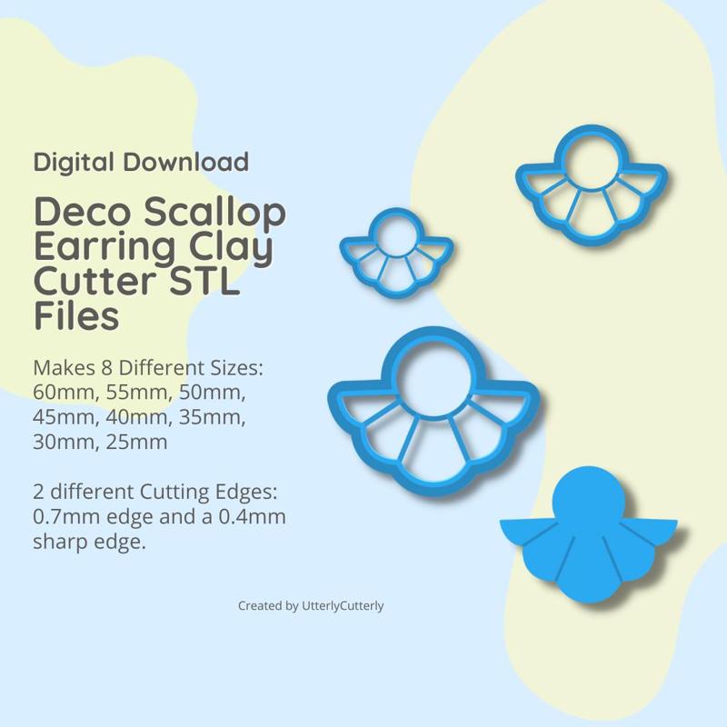 Half Art Deco Scallop Clay Cutter- Embossed STL Digital File Download- 8 sizes and 2 Cutter Versions