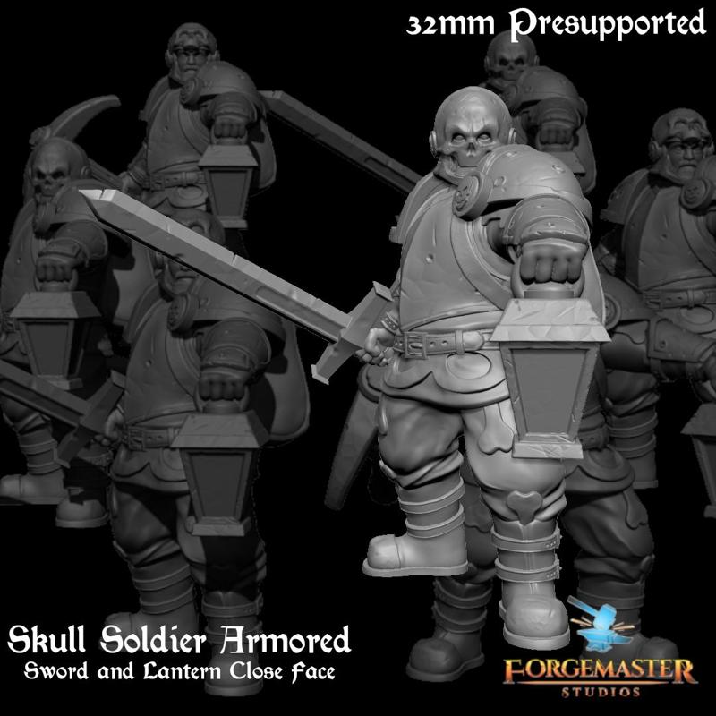 Skull Soldier Armored Sword and Lantern Close Face