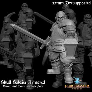 Skull Soldier Armored Sword and Lantern Close Face
