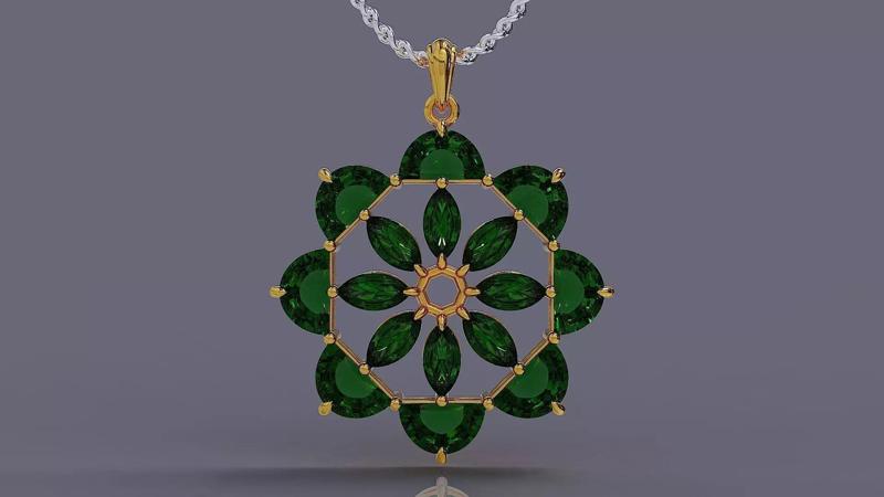 Prong set half moon and marquise cut diamond octagonal pendant