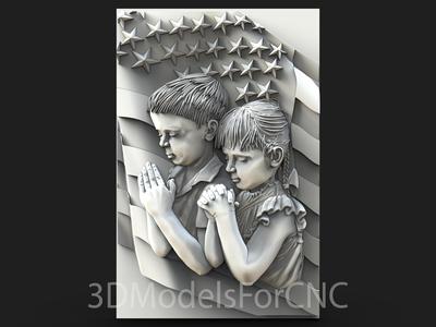 3D Model STL File for CNC Router Laser & 3D Printer Children Praying & US Flag
