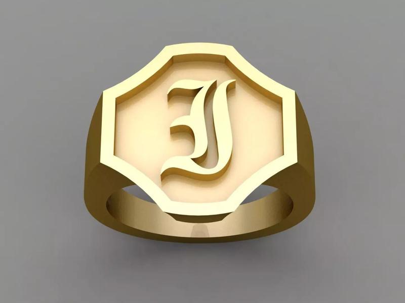 I Letter Solid Gold Signet Ring Monogram Men Ring