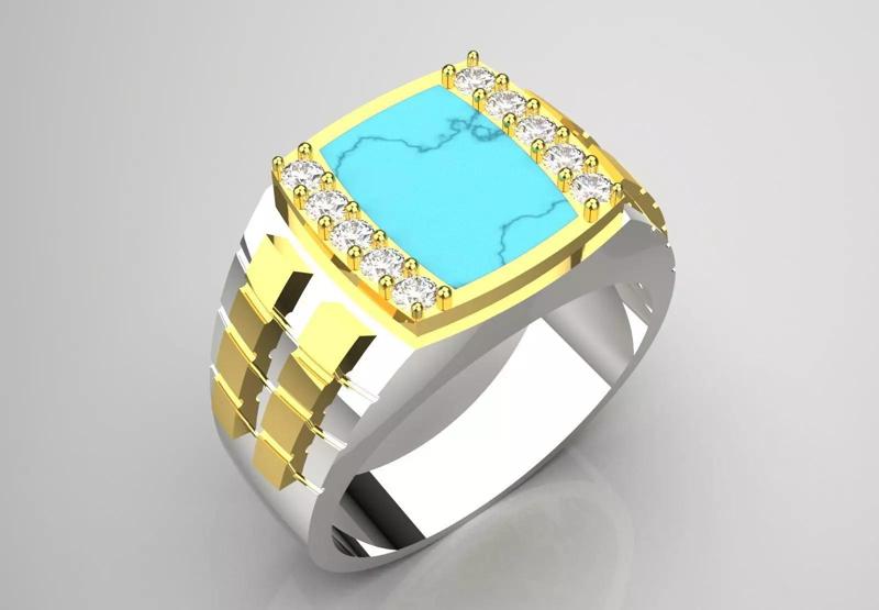 Two-tone man ring with turquoise and diamond model mr0241