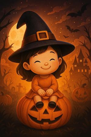 Little Witch Girl Sitting on Halloween Pumpkin - Decorative Figurine