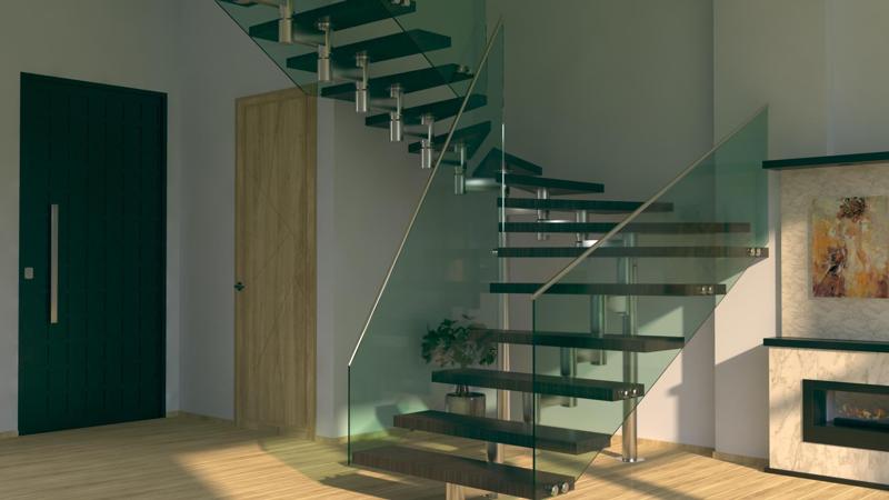 Stair with Wood Veneer Steps and Glass Railing