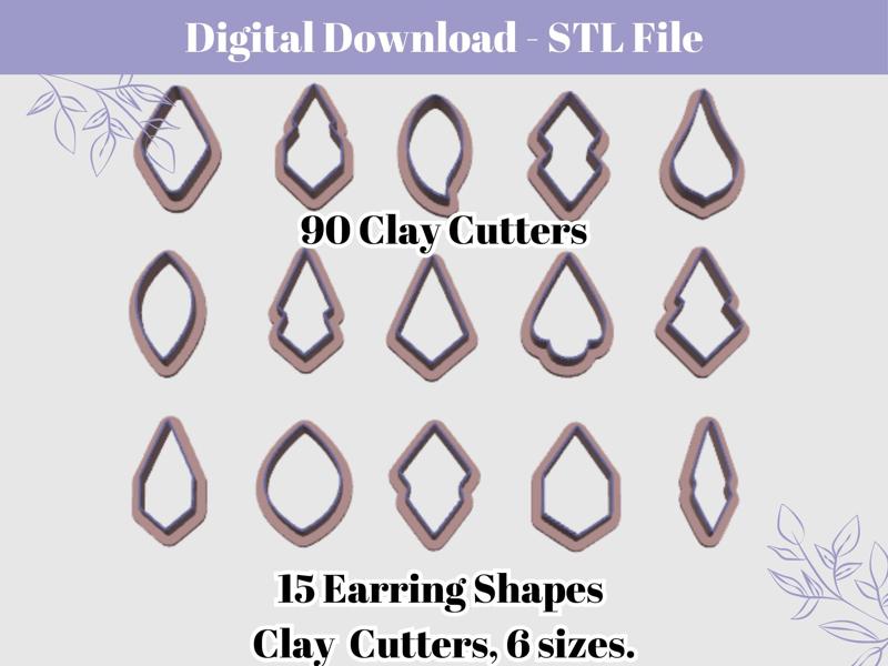 15 Earrings Shapes Clay Cutter Bundle  for Polymer Clay , 90 Clay Cutters, 6 Sizes