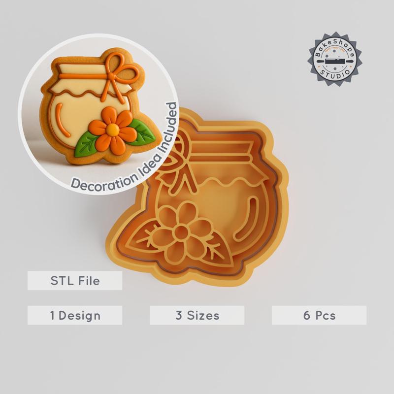 Honey Jar with Flower Cutter & Stamp, 6-Piece Pack, Perfect for Cookies & Fondant, S/M/L Sizes