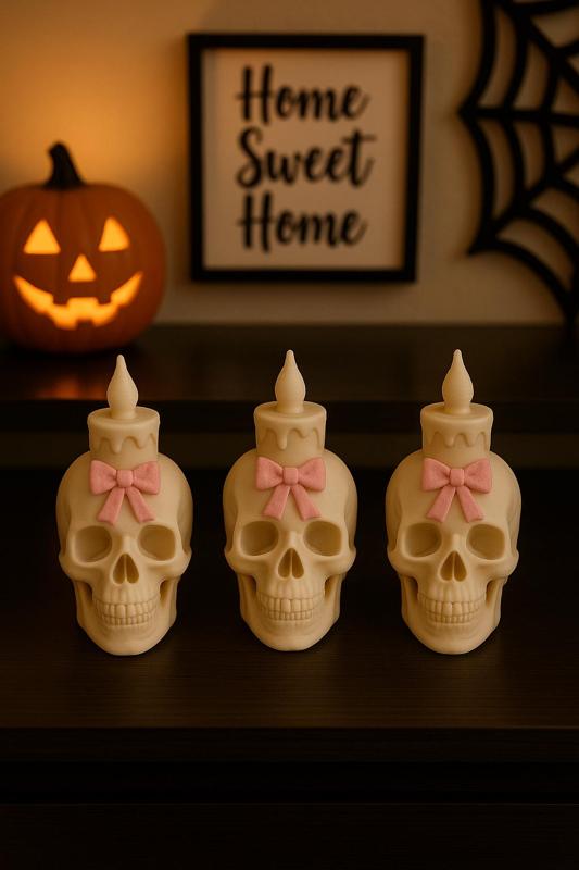 Cute Skull Candle Figurine with Bow – 3D Printable Halloween Home Decor