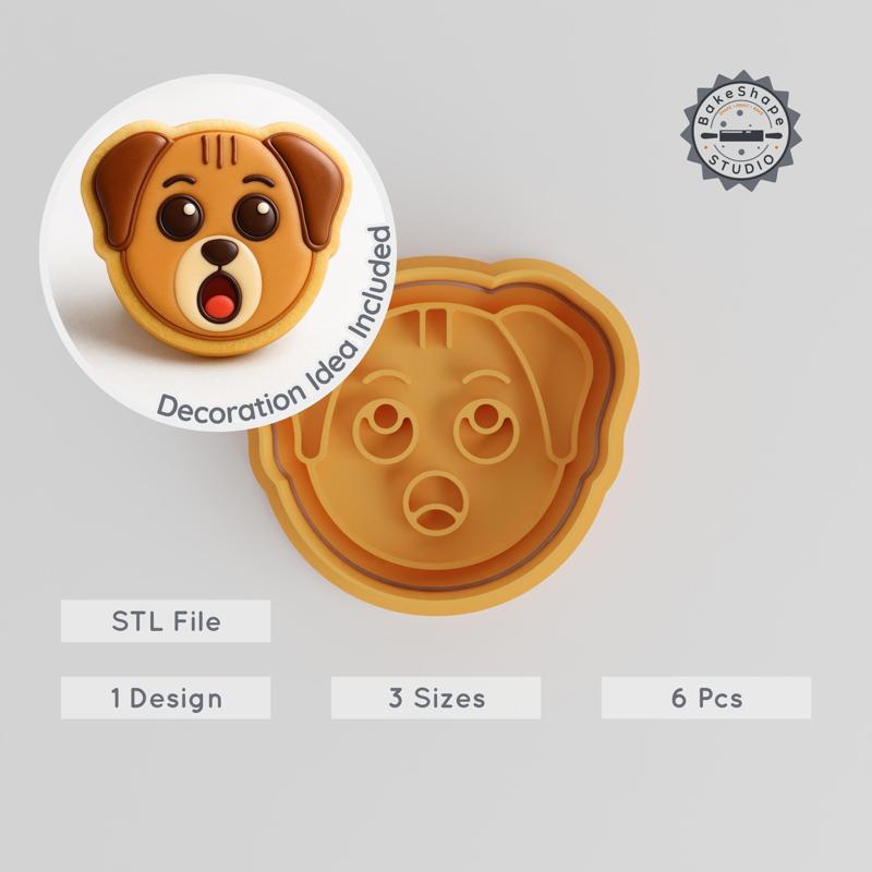 Yawn Shape Cutter & Stamp Set, Animal Cookie Fondant Tool, Sleepy Dog Design, 6 Piece Pack, Small Medium Large Sizes