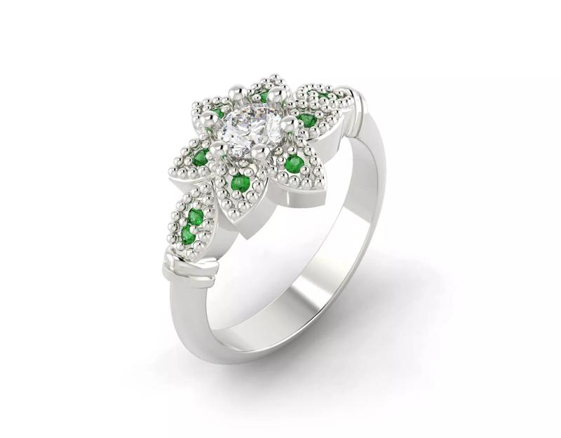 D-0722 emerald and diamond flower ring