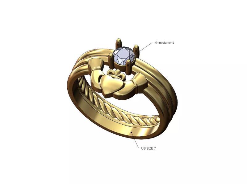 Claddagh guard 4mm solitaire inner braided double ring US size 7