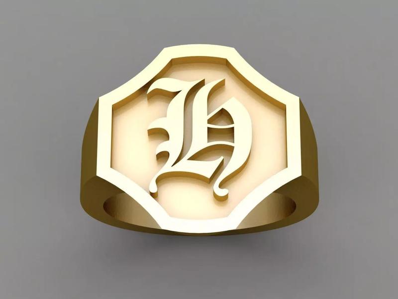 H Letter Solid Gold Signet Ring Monogram Men Ring