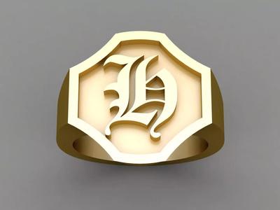 H Letter Solid Gold Signet Ring Monogram Men Ring
