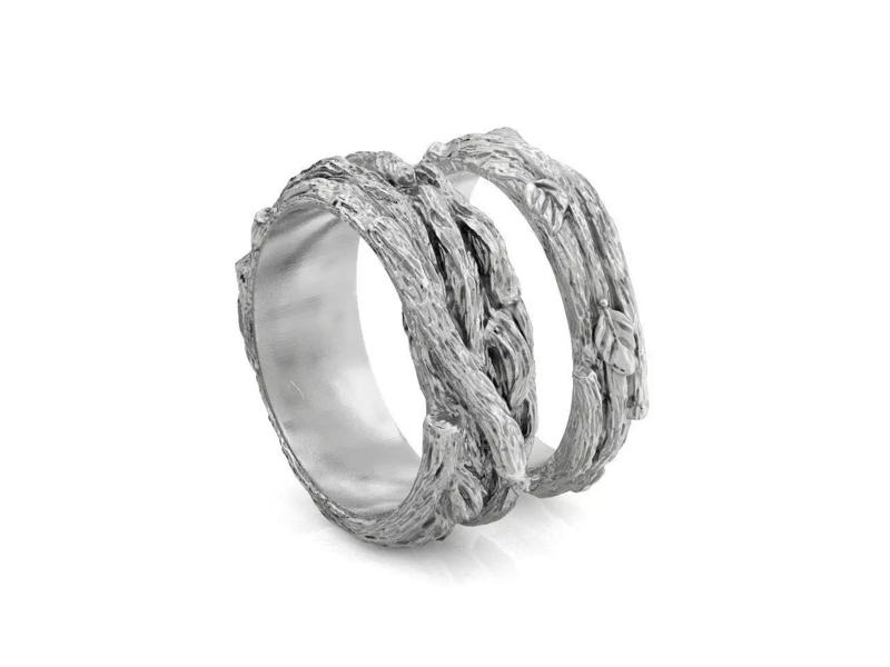 paired wedding rings in the shape of a tree bark branch 1049