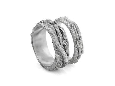 paired wedding rings in the shape of a tree bark branch 1049