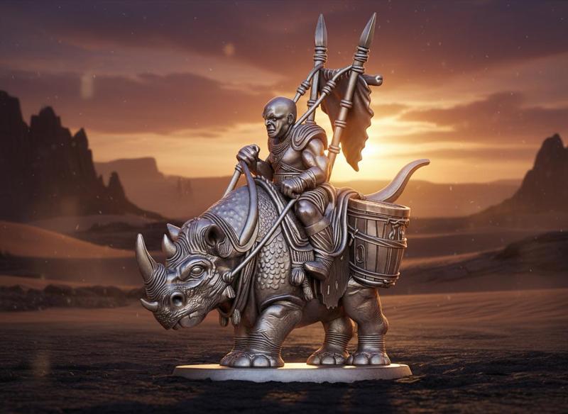 War Rhino Warlord – Armored Beast & Spear Rider Miniature