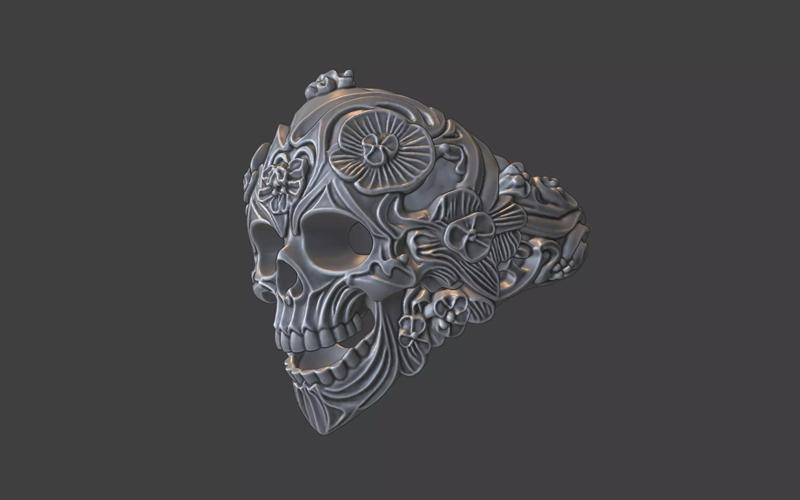 ornate silver human skull floral ring