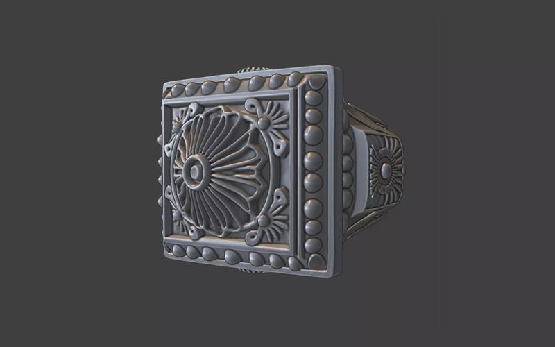 ornamental scrollwork square mandala silver ring