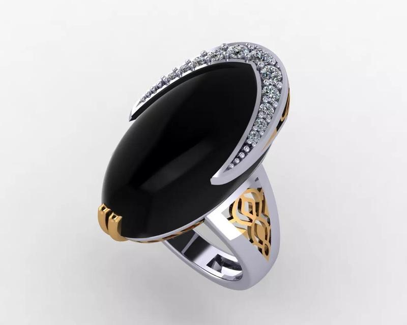 Oval Big Black Onyx Gold Diamond Ring