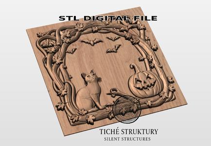 Black Cat, Pumpkin and Bats – Halloween Decorative Frame – 3D STL Model