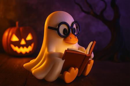 Cute Duck Ghost Reading a Book Figurine – 3D Printed Nerdy Duck Ghost with Glasses – Geeky Halloween Gift, Bookworm Desk Decor