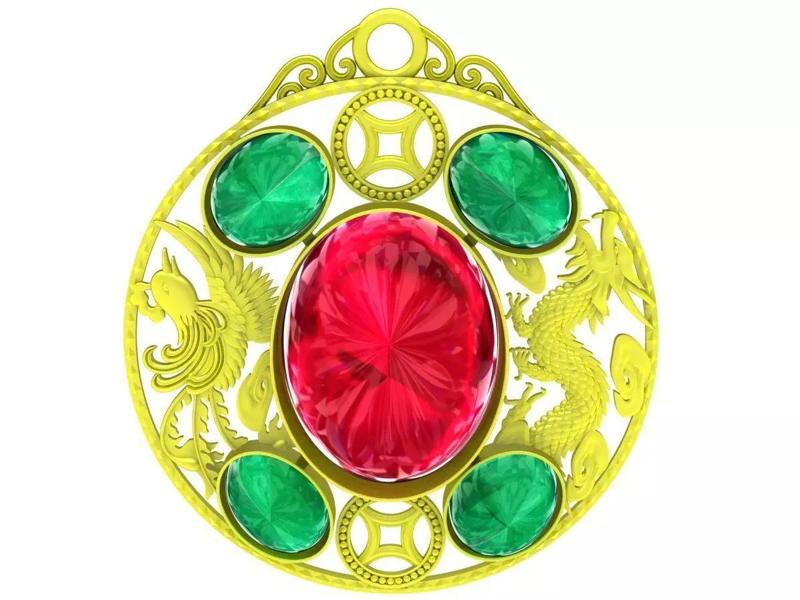6615 Jewerly Art Fengshui Oval Ruby Dragon Phoneix Pendant