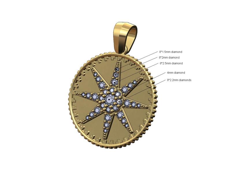 Pendant diamond 8 point star coin with bail 3D print model