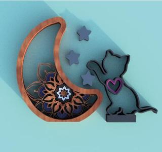 Decoration moon with mandala and kitten