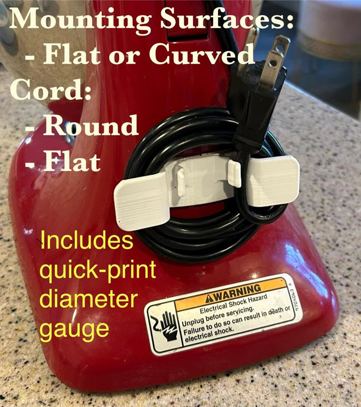 Appliance Cord Wrap v2, Flat/Curved Surfaces,  Various Diams. Flat/Round Cord