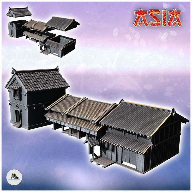 Set of three Asian buildings with curved roof and large hall (5) - Asian Asia Oriental Angkor Ninja Traditionnal RPG Mini