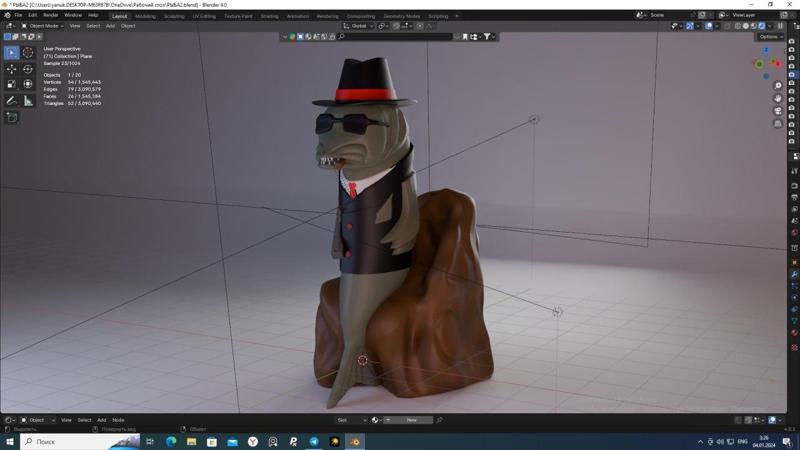 Walleye on a stump in mafia style. Gangster fish