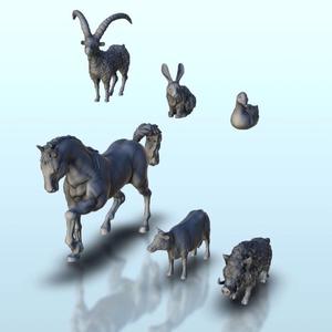 Set of farm animals - boar + cow + duck + goat + horse + rabbit - Farm Medieval scenery terrain wargame
