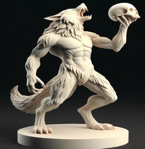 114 Ivory Werewolf Howling with Skull - Minimalist Statue, sculpture, animal, statue, creature, magic, collectible, wood, sword, base, warrior, wild, lion, dragon, dnd, cat, monster hunter, monster