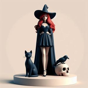 698 Red-Haired Witch with Cat and Raven - Full-Color 3D Model, magic, creature, sculpture, fantasy, wood, base, sword, warrior, wild, dragon, dnd, cat, monster, dog, godzilla, fair, totem, witch, werewolf