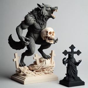 876 Ivory Werewolf Howling with Skull - 3D Model, beast, magic, creature, fantasy, wood, base, sword, warrior, wild, cat, monster, dog, godzilla, fair, witch, werewolf, horror, beast, gothic, troll