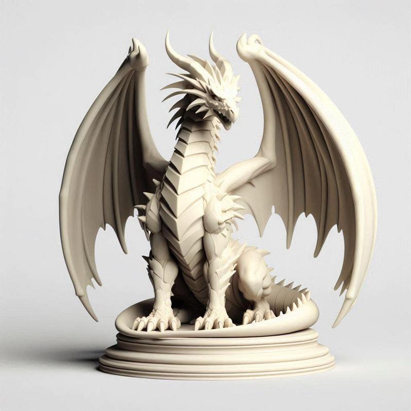 530 Menacing Fairytale Dragon in Ivory, character, monster, fantasy, art, sculpture, model, animal, 3d model, statue, creature, low poly, 3d print, collectible, cat, wood, dragon, sword, base, warrior, wild, dog