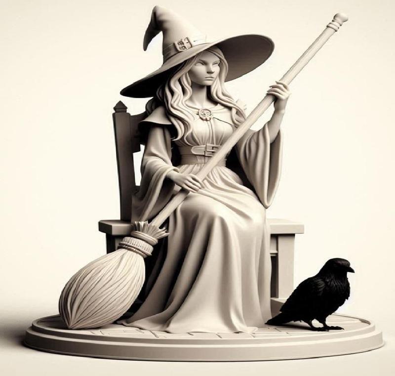 210 Ivory Witch on Chair with a broom in hand , with Raven - 3D Figurine, magic, creature, fantasy, wood, gnome, gorgon, warrior, wild, fox, monster, cat, dog, fair, witch, werewolf, horror, beast, gothic, troll