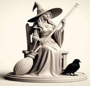 210 Ivory Witch on Chair with a broom in hand , with Raven - 3D Figurine, magic, creature, fantasy, wood, gnome, gorgon, warrior, wild, fox, monster, cat, dog, fair, witch, werewolf, horror, beast, gothic, troll