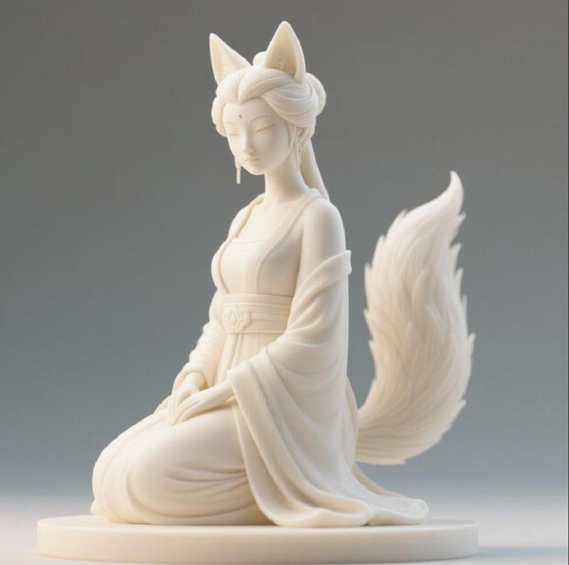 322 Fox Spirit Woman in Pu Song Ling Style, 3d model, statue, 3d print, low poly, creature, sculpture, cat, fantasy, art, dragon, wood, base, sword, warrior, wild, dog