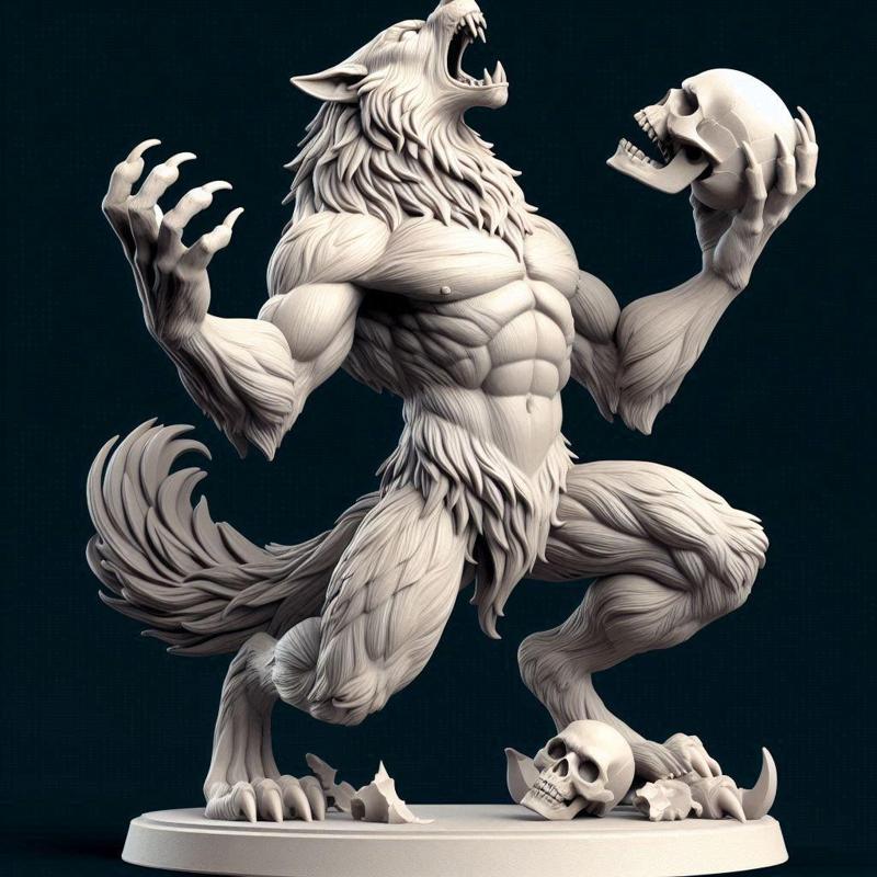 140 Ivory Werewolf Howling with Skull - Minimalist Statue, statue, collectible, creature, dinosaur, sculpture, monkey, witch, serpent, fantasy, art, wooden, dragon, dnd, cat, monster hunter, dog, totem