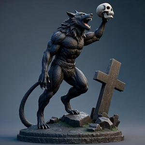 1814 Howling Werewolf with Skull - 3D Printed Statue, magic, dragon, serpent, mask, gnome, gorgon, venetian carnival, wild, fox, monster, cat, fair, witch, werewolf, horror, beast, snake, troll, skeleton dance
